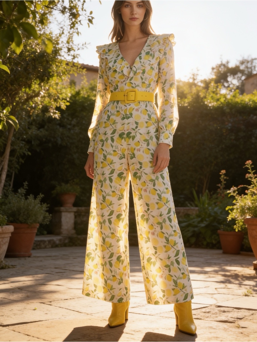Lemon Print Vintage Look Ruffle V Neck Jumpsuit with Belt Size XXL Boutique New